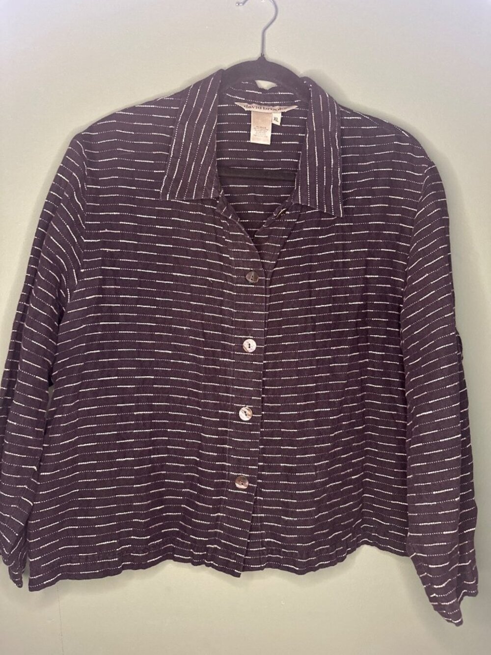 VTG David Brooks Linen Cotton Boxy Top Embroidered Black White XL Button